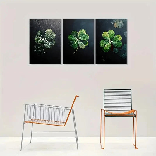 3pcs Vibrant Green Four Leaf Clovers Metal Print Ready to Hang Art