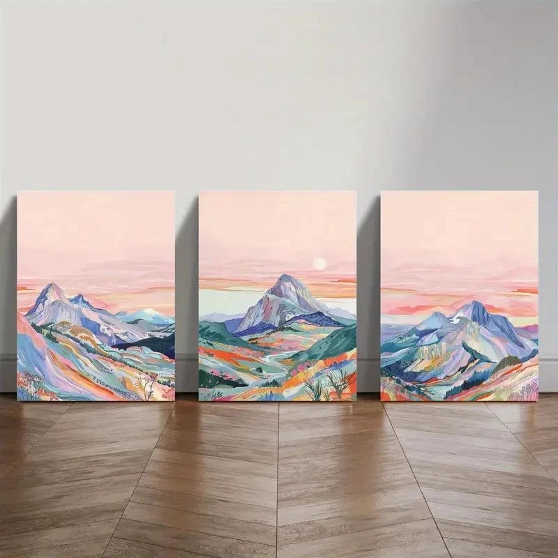 3pcs Showcasing Watercolor Mountain View Metal Print Ready to Hang Art