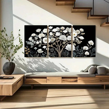 3pcs White Floral Art Abstract Blossom Design Metal Print Ready to Hang Art