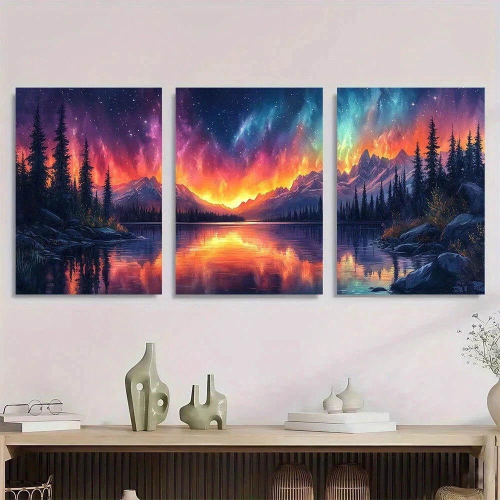 3pcs Vibrant Lights & Mountain Lake Scenery Metal Print Ready to Hang Art