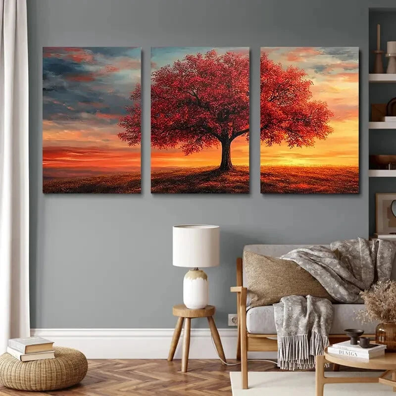 3pcs Vibrant Red Tree Modern Nature Metal Print Ready to Hang Art