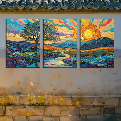 3pcs Vibrant Landscape Sunset Pastoral Scenery Metal Print Ready to Hang Art