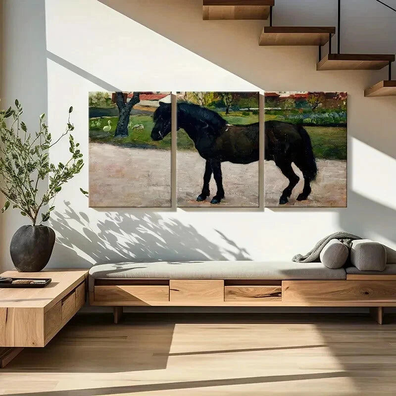 3pcs Black Horse in Pastoral Landscape Theme Metal Print Ready to Hang Art