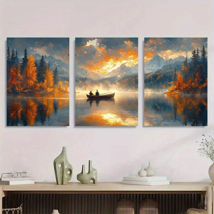 3pcs Serene Autumn Lake Scene Fishermen in Boat Metal Print Ready to Hang Art