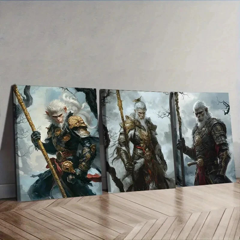 3pcs Mythology Monkey King,Wall Art Set Canvas Framed 40x60cm - High Quality Print 100% Australian Made Wall Canvas Ready to Hang