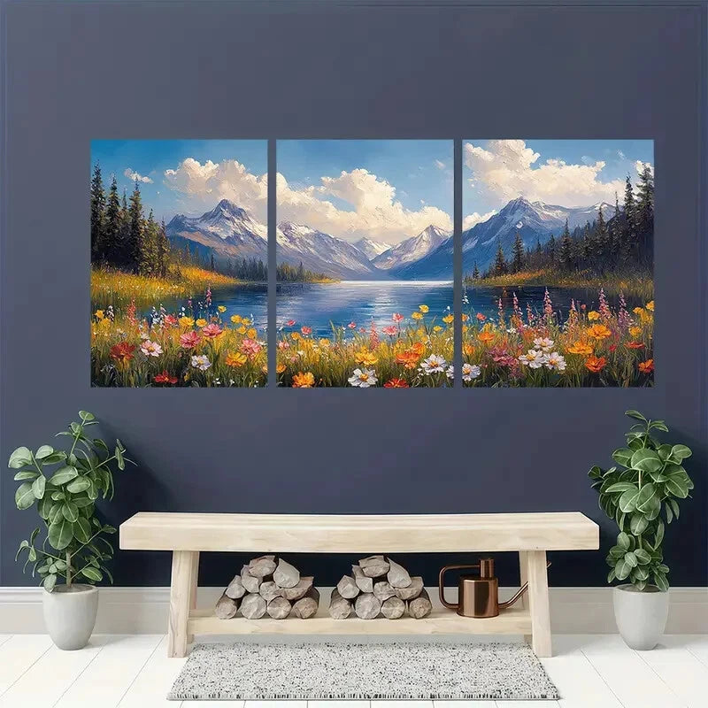 3pcs Nature-Inspired Alpine Wildflower Landscape Metal Print Ready to Hang Art
