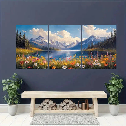 3pcs Nature-Inspired Alpine Wildflower Landscape Metal Print Ready to Hang Art