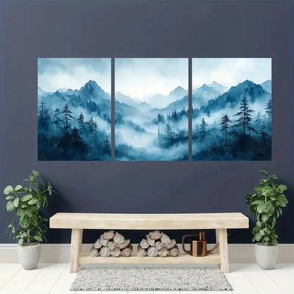 3pcs Misty Mountain Ink Watercolor Painting Metal Print Ready to Hang Art