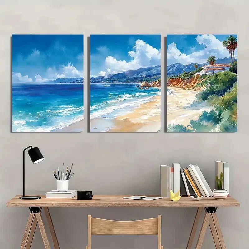 3pcs Laguna Beach Watercolor Art Prints Metal Print Ready to Hang Art