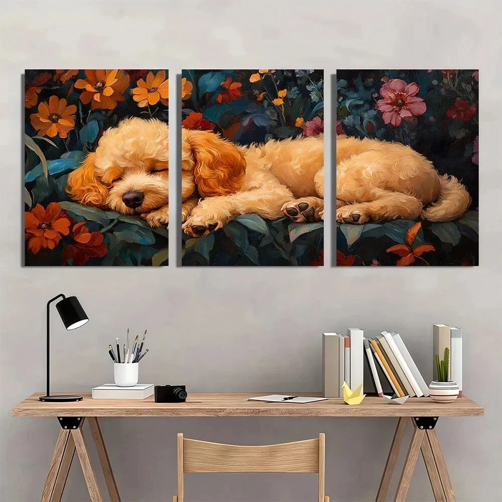 3pcs Vintage Poodle Dog Charming Garden Sleeping Metal Print Ready to Hang Art