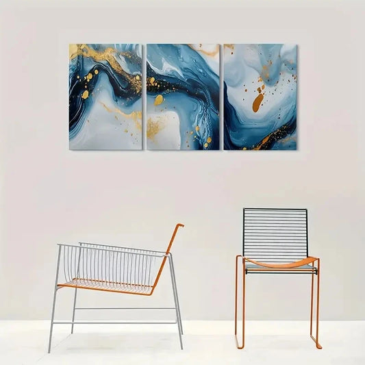 3pcs Blue White & Golden Marble Effect Metal Print Ready to Hang Art