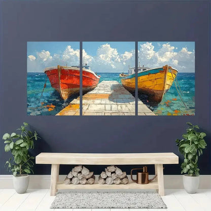 3pcs Coastal Boat Paintings - Oil Impasto Artwork Metal Print Ready to Hang Art