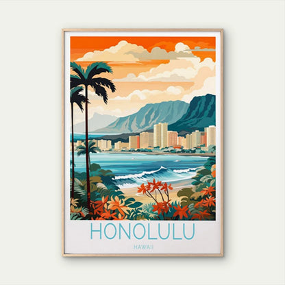 Honolulu Hawaii Beach, Palm Trees Paint Travel Poster Print Wall Art