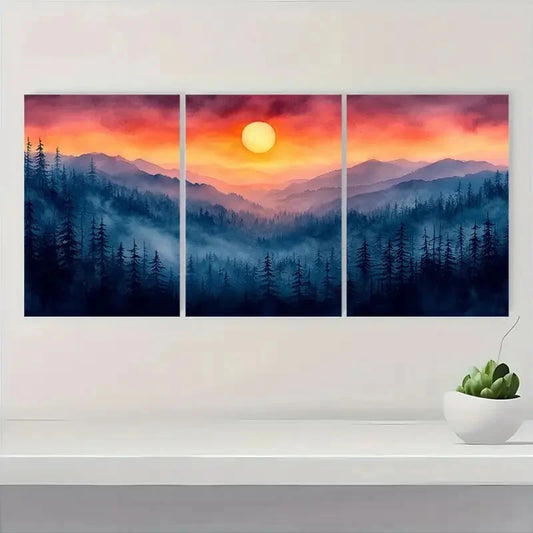 3pcs Watercolor Mountain Sunset Landscape Metal Print Ready to Hang Art