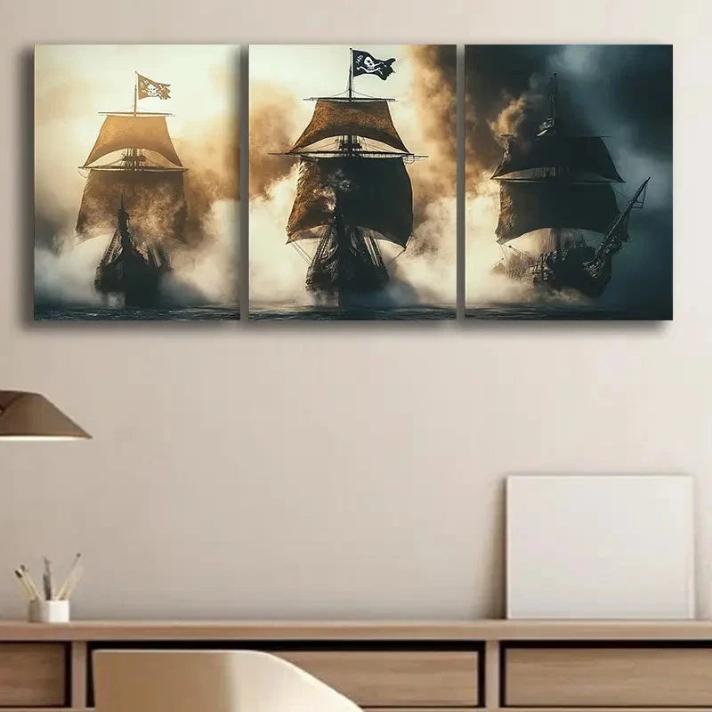 3pcs Pirate Ships in Battle Painting Metal Print Ready to Hang Art