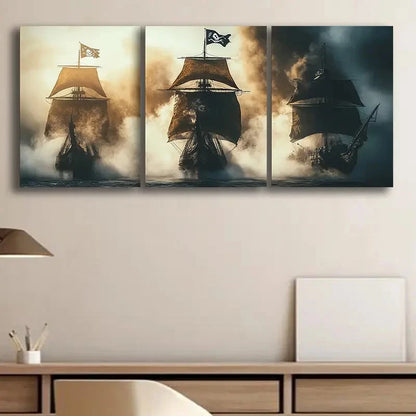 3pcs Pirate Ships in Battle Painting Metal Print Ready to Hang Art