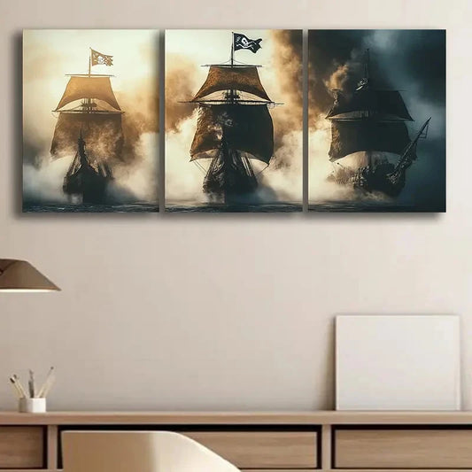3pcs Pirate Ships in Battle Painting Metal Print Ready to Hang Art