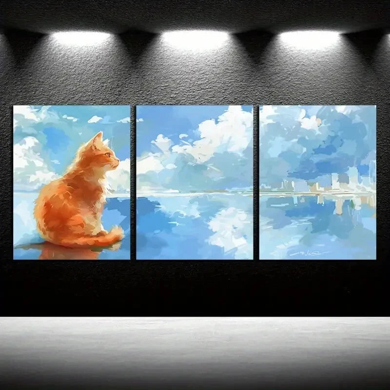 3pcs Serene Seascape with Playful Cat Metal Print Ready to Hang Art