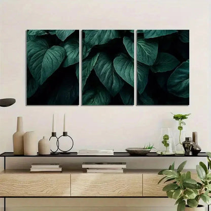3pcs Botanical Leaf Art Paintings - Dark Green Metal Print Ready to Hang Art
