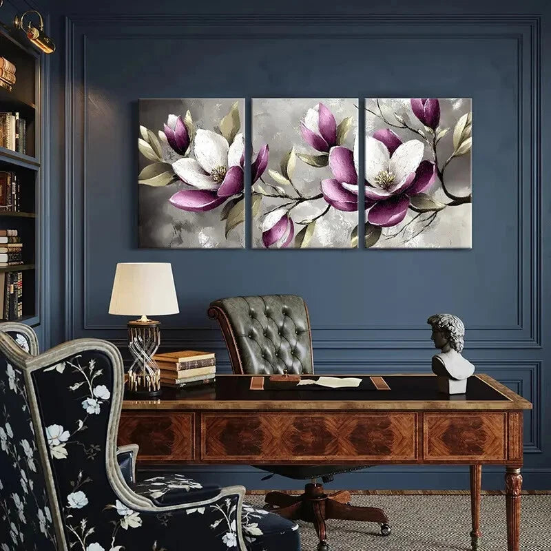 3pcs Set of Elegant Magnolia Floral Metal Print Ready to Hang Art