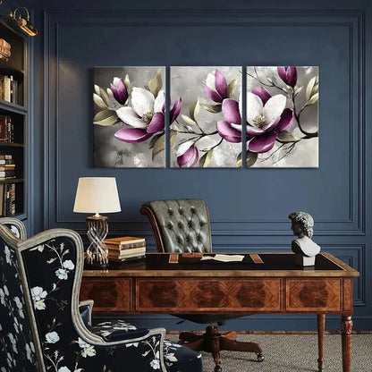 3pcs Set of Elegant Magnolia Floral Metal Print Ready to Hang Art