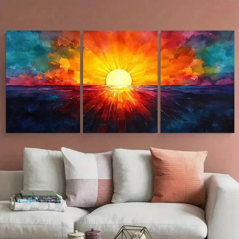 3pcs Abstract Sun Rays Vibrant Illustration Wall Art Set Canvas Framed 60x90cm - High Quality Print 100% Australian Made Wall Canvas Ready to Hang