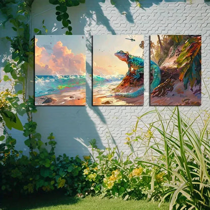3pcs Vibrant Ocean Sunset Lizard Metal Print Ready to Hang Art