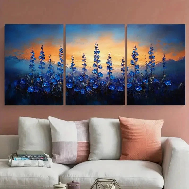 3pcs Bluebell Flowers Impasto Rustic Illustration Metal Print Ready to Hang Art