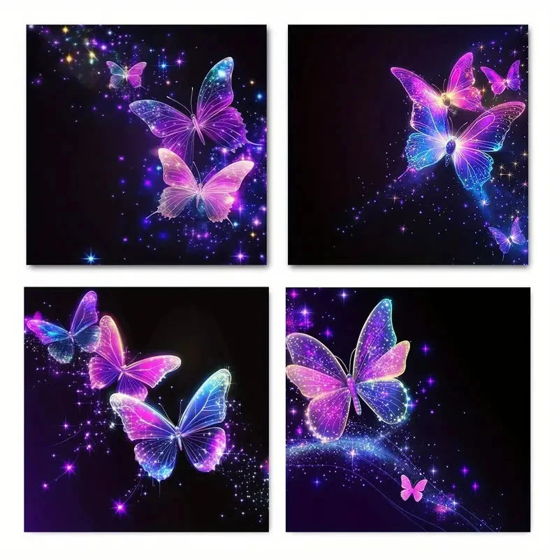 4pcs Dream Butterfly with Glowing Neon ColorsWall Art Canvas Framed