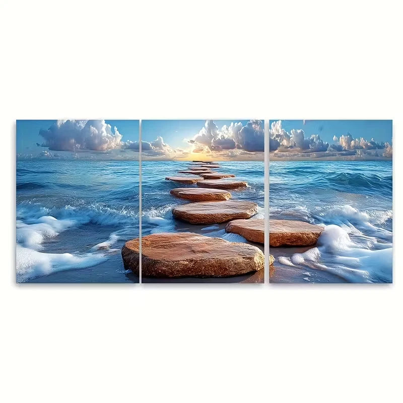 3pcs Rocks Leading to Vast Open Sea Metal Print Ready to Hang Art
