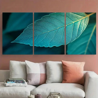 3pcs Vibrant Turquoise Green Veins Macro Leaf Metal Print Ready to Hang Art