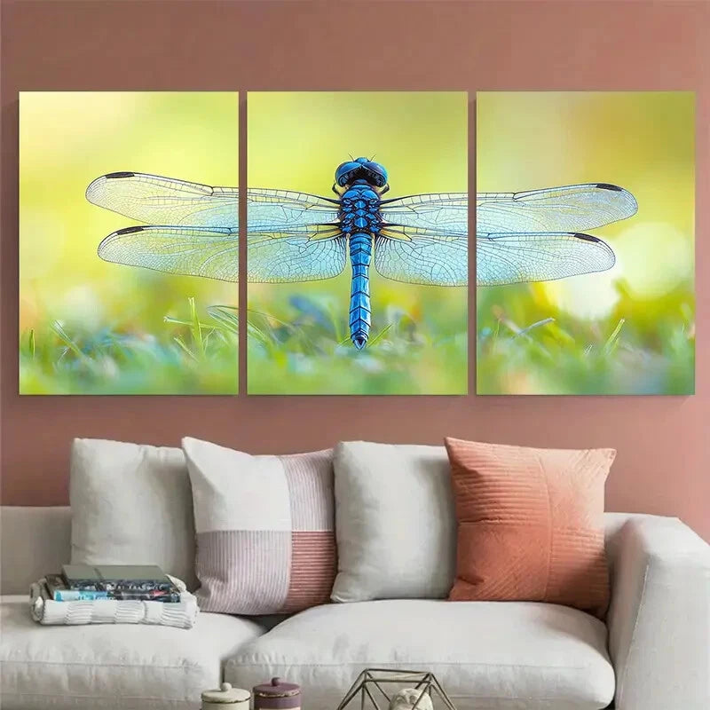 3pcs Stunning Blue Clear Dragonfly on Grass Metal Print Ready to Hang Art
