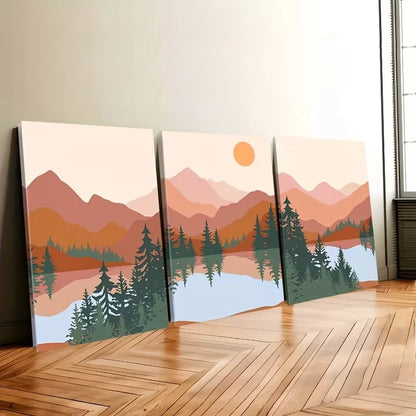 3pcs Abstract Mountains, Lakes, and Trees Wall Art Set Canvas Framed 40x60cm – High Quality Print, 100% Australian Made, Ready to Hang