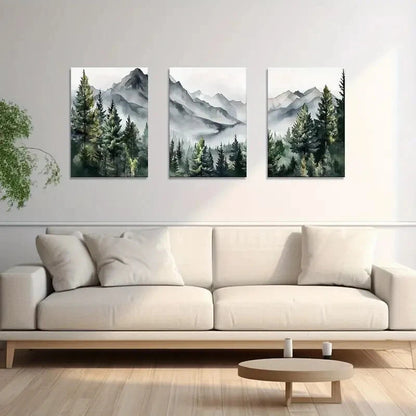 3pcs Abstract Green Mountain Forest Metal Print Ready to Hang Art