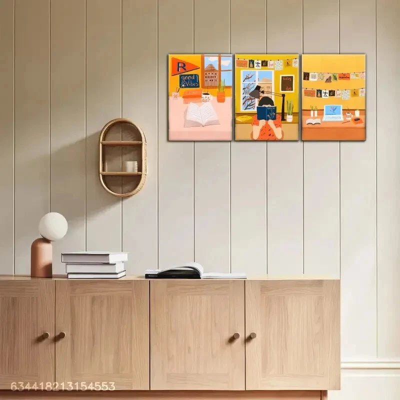 3pcs Books and Coffee People Reading Poster Metal Print Ready to Hang Art