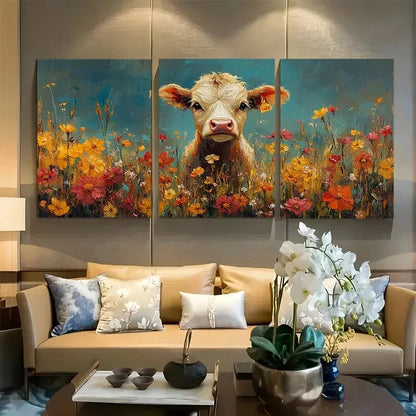 3pcs Colorful Countryside Whimsical Cow in Florals Metal Print Ready to Hang Art