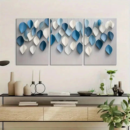 3pcs Simple White and Blue Paper Leaves Metal Print Ready to Hang Art