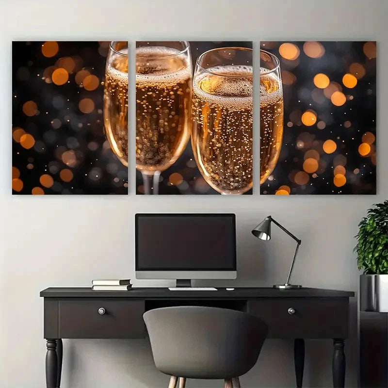 3pcs Champagne Fireworks Celebration Design Metal Print Ready to Hang Art