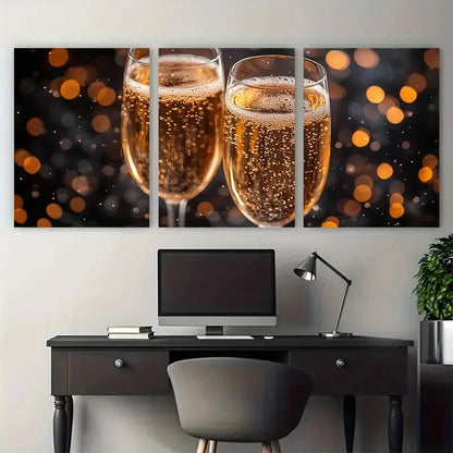 3pcs Champagne Fireworks Celebration Design Metal Print Ready to Hang Art