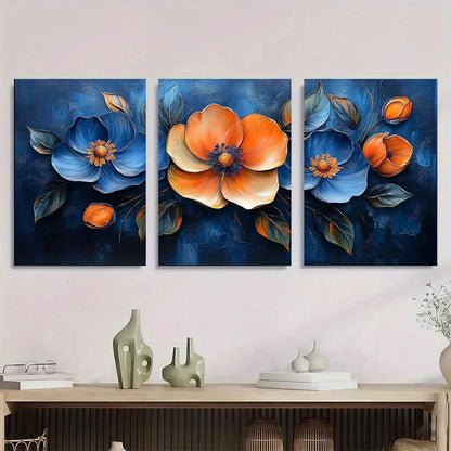 3pcs Vibrant Floral Blue & Orange Flowers Metal Print Ready to Hang Art