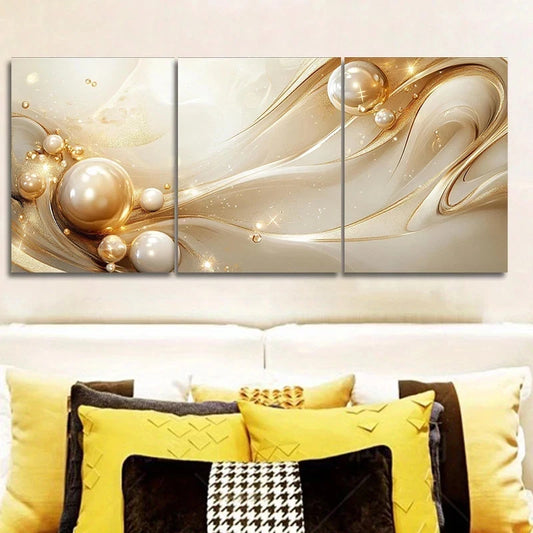 3pcs Golden and Beige Luxurious Swirl Metal Print Ready to Hang Art