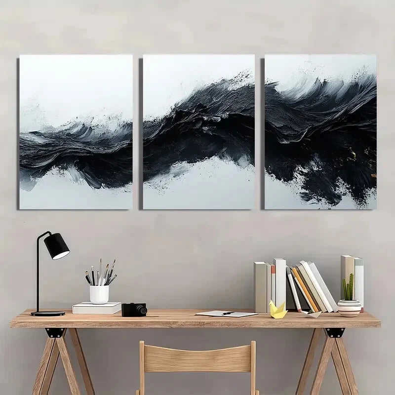 3pcs Abstract Black and White Minimalist Textured Metal Print Ready to Hang Art