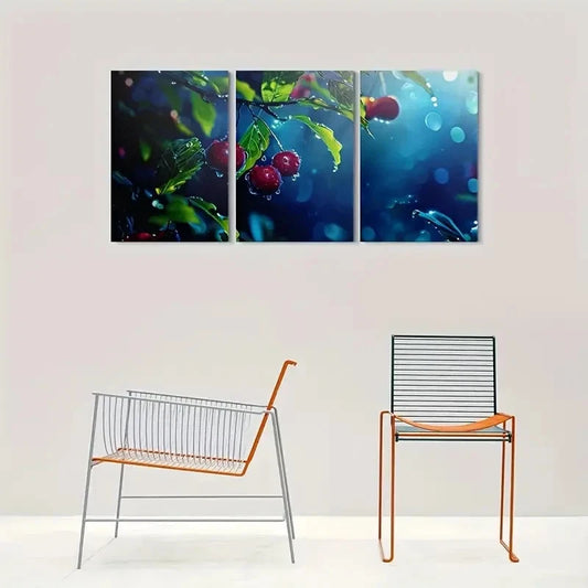 3pcs Glowing Berry Modern Water Droplets Effect Metal Print Ready to Hang Art