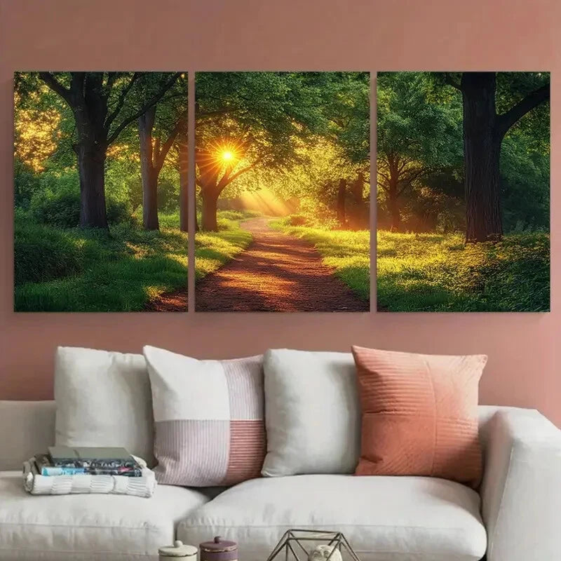 3pcs Rural Forest Pathway Sunlit Trees Metal Print Ready to Hang Art