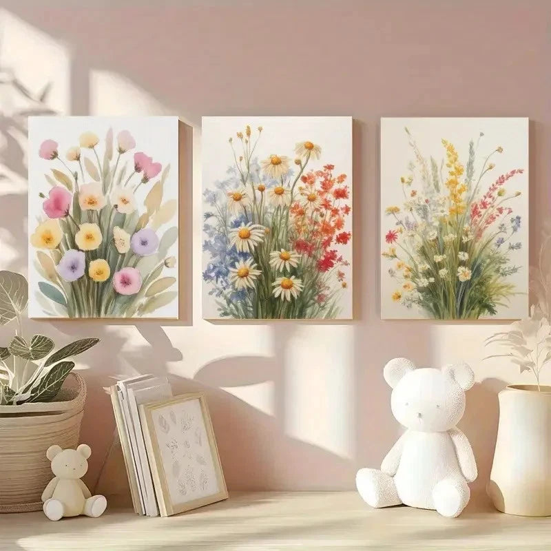 3pcs Watercolor Wildflower Botanical Style Metal Print Ready to Hang Art