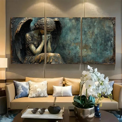 3pcs Elegant Angel Figures in Distressed Metal Print Ready to Hang Art