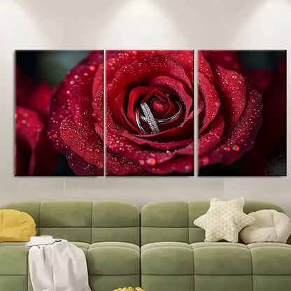 3pcs Elegant Red Rose with Wedding Rings Metal Print Ready to Hang Art