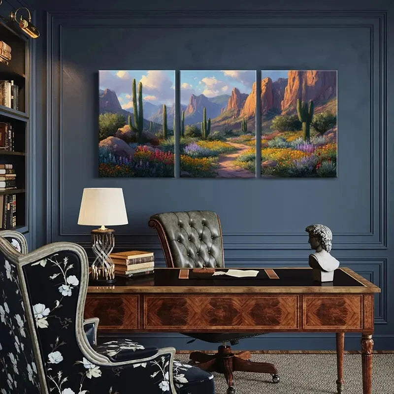 3pcs Desert Landscape Cactus Mountains Pathway Metal Print Ready to Hang Art