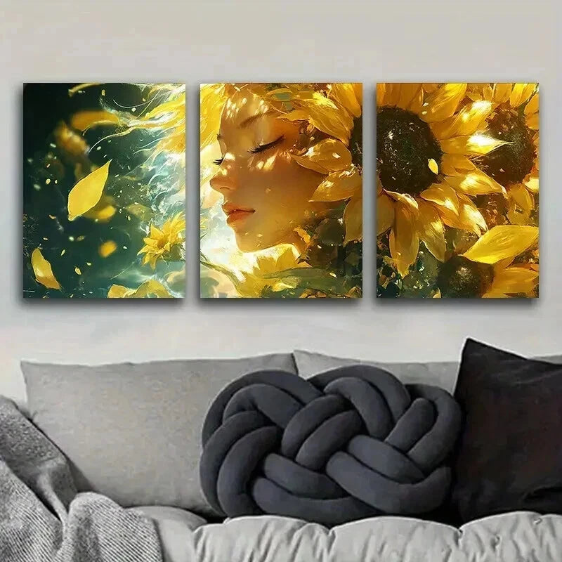 3pcs Sunflower Goddess Yellow Floral Perfect Wall Art Set Canvas Framed 60x90cm - High Quality Print 100% Australian Made Wall Canvas Ready to Hang
