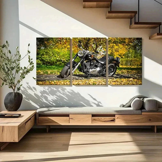 3pcs Motorcycle with Autumn Leaves Scene Wall Art Set Canvas Framed 40x60cm - High Quality Print 100% Australian Made Wall Canvas Ready to Hang